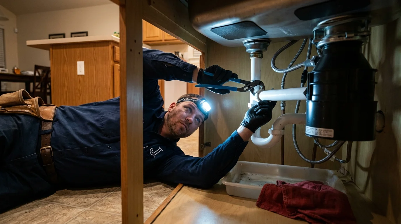 P-trap and supply line connections under a kitchen sink showing a common leak point in Cypress, TX